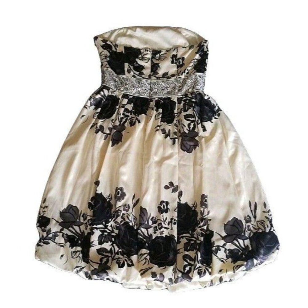 Forever 21 Women's Black Floral Beaded Waist Strapless Bubble Dress Size Medium - Picture 5 of 13
